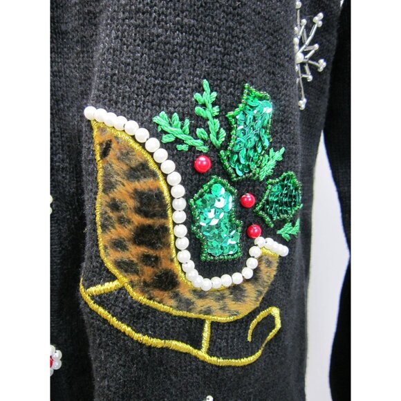 Vintage B P Design Christmas Embroidered Black Cardigan‎ Sweater Size S - Picture 4 of 10